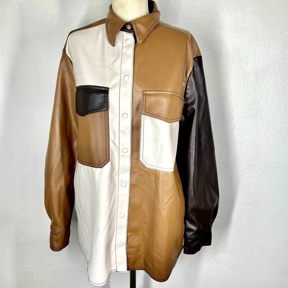 SFIZIO Faux Leather Patchwork Shacket  Brown and White Women's Size M - Picture 4 of 11